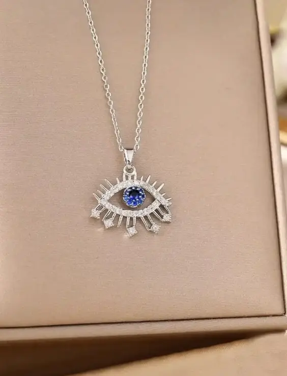 Trendy Evil Eye Necklace with Blue Stone _ Minimal Silver Charm Jewelry.webp